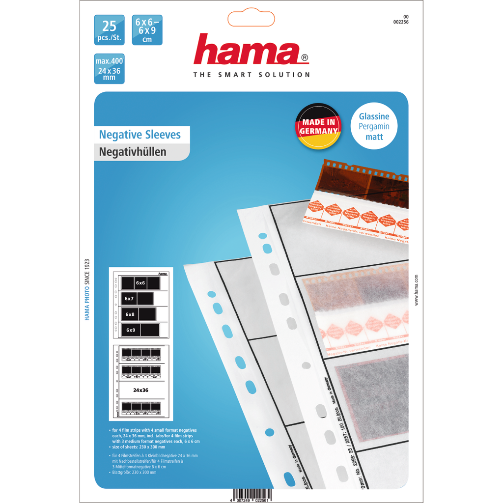 Tidy storage: one strip per pocket, filled from the side Better visibility than in conventional photo print envelopes Easy to fill: individual slide pages are arranged offset from each other so that the strips can be slid in easily For 4 film strips of 4 small-format negatives 24 x 36 mm with reorder strips / for 4 film strips of 3 medium-format negatives 6 x 6 cm For film type 120 Filing margin with Euro holes: for two-hole and four-hole folders 25 negative sleeves 1 table of contents
