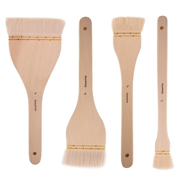 Seawhite Japanese Style Hake Brushes  Holds water well, ideal for washes & covering large areas quickly. Made with soft fine goats hair. Long Handles/Flat Tip Sizes: 1,2,3,4 inch Delicate bristles must not be cleaned with hot water.