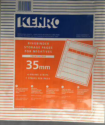 Kenro 35mm Translucent Negative Pages are paper negative storage pages manufactured from Acid Free Translucent Paper – Pergamyn. Each page holds 7 strips of 6 full frame negatives. The pages are side loaded and the strip positions are overprinted to help with quick loading.