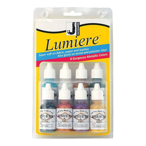 Jacquard Lumiere Mini Exciter Pack  5oz 8 pack - Lumiere is a light-bodied, lustrous metallic paint for fabric, paper, leather, wood and polymer clay. This package contains eight .5oz bottles of paint in assorted colours.