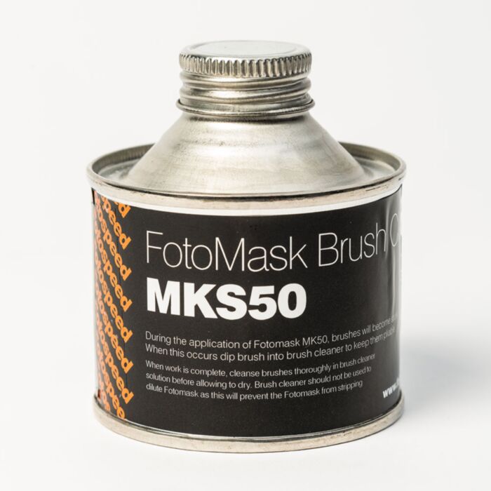 During the application of Fotomask, brushes will become sticky and they should therefore be occasionally cleaned in this solution to keep them pliable. After using brushes to apply Fotomask they should be cleaned in this solution by inserting the brush into the can of brush cleaner.