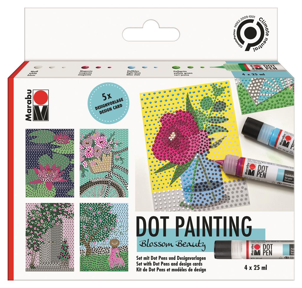 FLOWER POWER with the Marabu Dot Pen Set "Blossom Beauty"  Create colourful works with the Dot Pen Set "Blossom Beauty"! The set contains 4 x 25 ml liners in selected colour combinations, a flyer and five exclusive design cards in postcard format that can be individually dotted with the Dot Pens