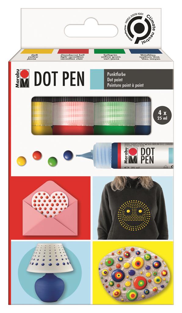 Create decorative ornaments with the Dot Pen 4 colour assortment! The set of 4 x 25 ml Marabu Dot Pens in yellow, light vermilion, yellow green and medium blue offers a selection of particularly popular colours. The perfect dots with 3D effect can be placed individually next to each other or, when wet, smoothly interlocked with the dot-in-dot technique - there are no limits to the creative possibilities.